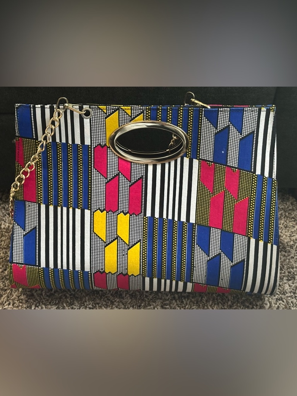 Source Unknown Multicolor Geometric Handheld Clutch with Gold Chain